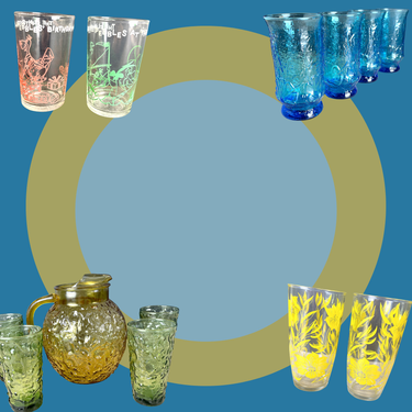 Vintage glassware collection featuring character tumblers, crinkle-texture glasses, and floral print drinkware