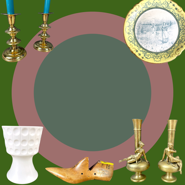 Vintage home decor collection featuring candlesticks, vases, charger wall art and decorative objects