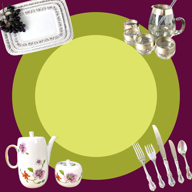 Vintage tableware collection featuring a china pieces, a barware glass collection and flatware