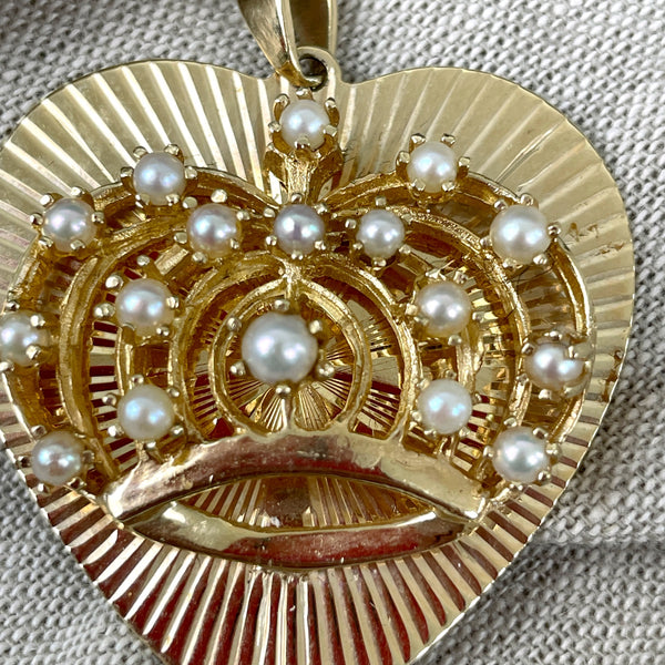 14K Large heart with raised crown of pearls pendant - 14gr - JP - NextStage Vintage