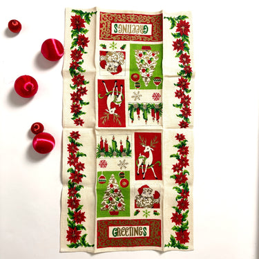 Vintage 1960s linen Christmas tea towel - unused - Greetings, Santa, reindeer, trees - NextStage Vintage