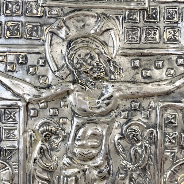 Folk art Jesus on cross embossed tin relief - 1960s religious wall art - NextStage Vintage