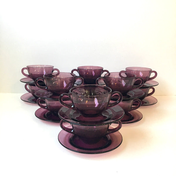 Amethyst glass broth or cream soup cup with saucers - set of 4 - NextStage Vintage