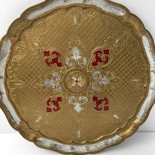 Round Florentine tray - white, gold and red - mint condition - Made in Italy - 1960s vintage - NextStage Vintage