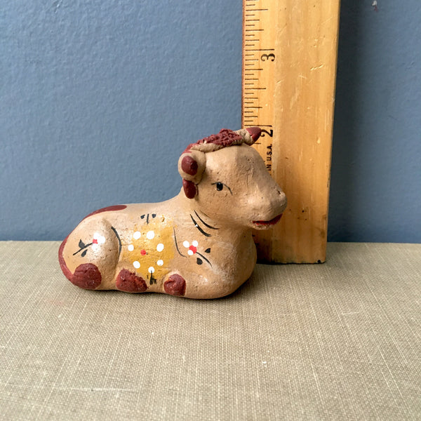 Folk art pottery laying cow - vintage rustic pottery - NextStage Vintage