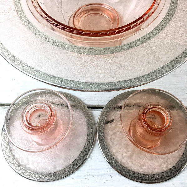 Tiffin Glass pink etched centerpiece bowl and candleholders - 1920s vintage - NextStage Vintage