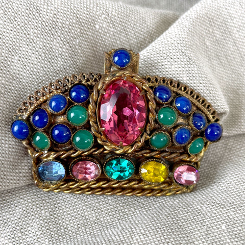 Vintage golden filagree crown brooch with rhinestones - NextStage Vintage