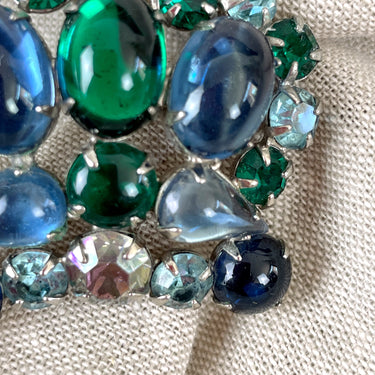 WEISS signed Green Blue Glass Cabochon Crown Brooch #113 - NextStage Vintage