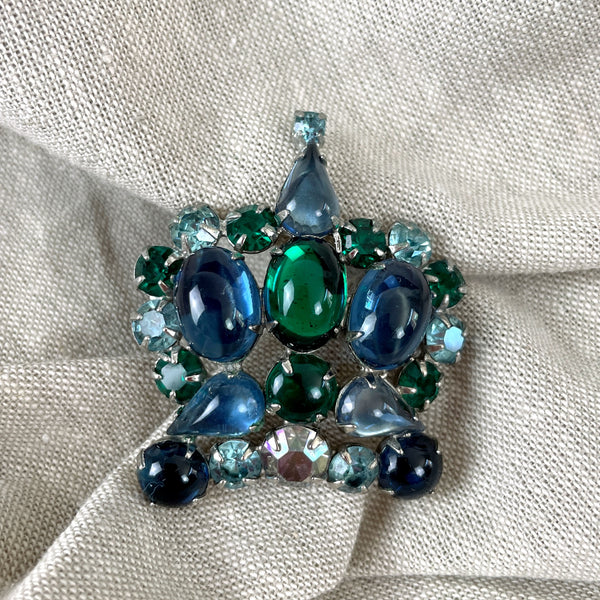 WEISS signed Green Blue Glass Cabochon Crown Brooch #113 - NextStage Vintage