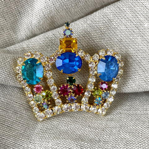 Siluane multi color rhinestone crown brooch - 1990s vintage