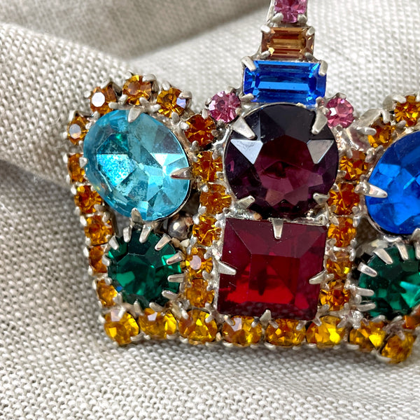 Capri crown brooch with mixed faceted colored rhinestones - vintage costume jewelry - NextStage Vintage