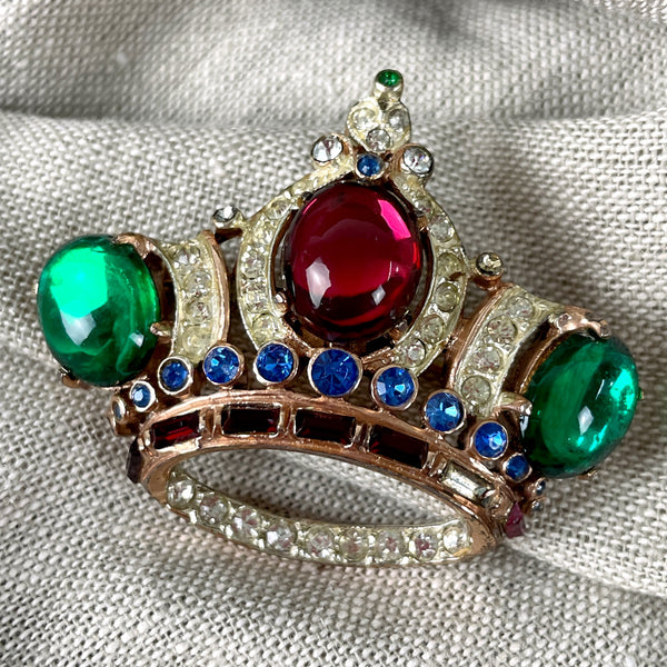 Corocraft sterling crown brooch and clip on earring set - c1939 - NextStage Vintage