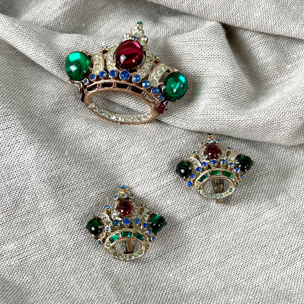 Corocraft sterling crown brooch and clip on earring set - c1939 - NextStage Vintage
