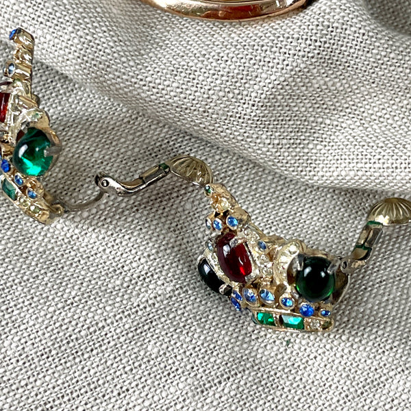 Corocraft sterling crown brooch and clip on earring set - c1939 - NextStage Vintage