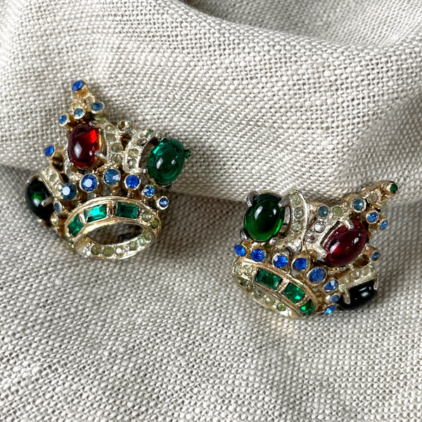 Corocraft sterling crown brooch and clip on earring set - c1939 - NextStage Vintage