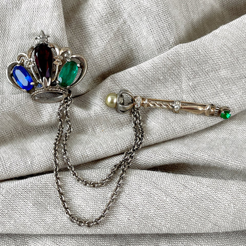 Sterling crown and chained scepter brooches - 1950s vintage - NextStage Vintage