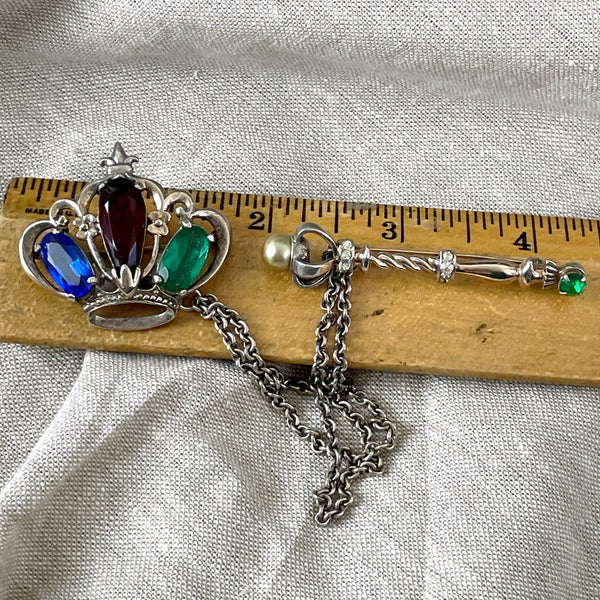 Sterling crown and chained scepter brooches - 1950s vintage - NextStage Vintage