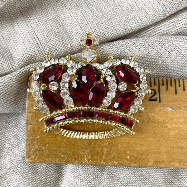 Red rhinestone crown brooch by Carina - 1980s vintage - NextStage Vintage