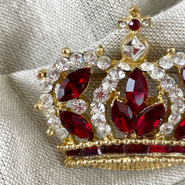 Red rhinestone crown brooch by Carina - 1980s vintage - NextStage Vintage