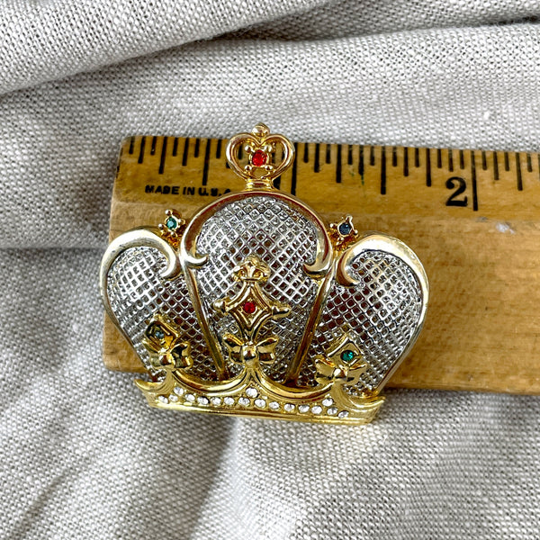 Crown brooch with silver mesh and rhinestones - 1980s vintage costume jewelry - NextStage Vintage
