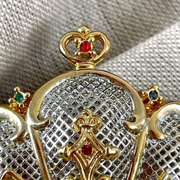 Crown brooch with silver mesh and rhinestones - 1980s vintage costume jewelry - NextStage Vintage