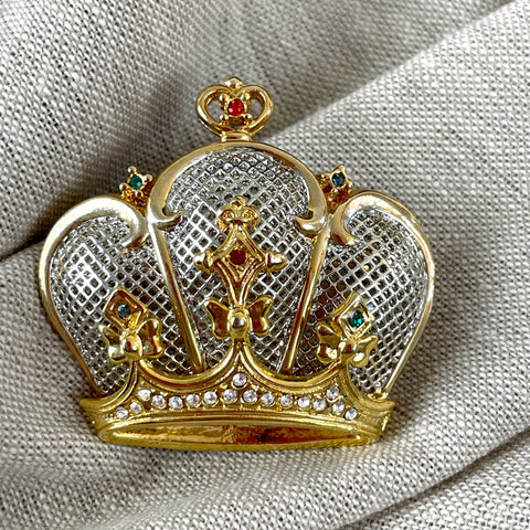 Crown brooch with silver mesh and rhinestones - 1980s vintage costume jewelry
