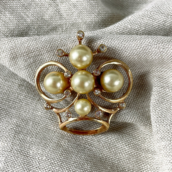 Atomic crown brooch with pearls and rhinestones - 1950s vintage - NextStage Vintage