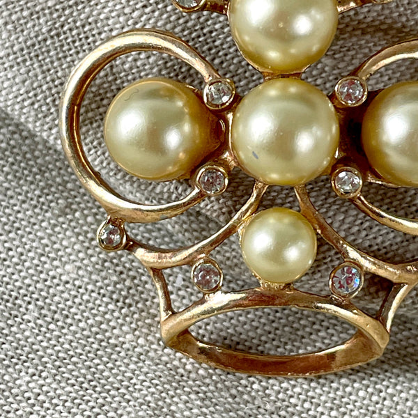 Atomic crown brooch with pearls and rhinestones - 1950s vintage - NextStage Vintage