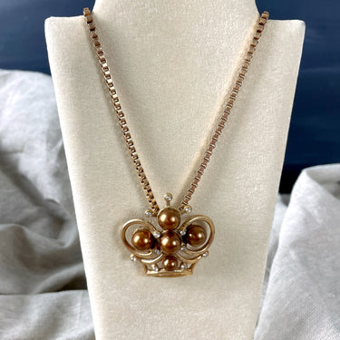 Crown pendant choker necklace with brown pearls - 1950s atomic styling - NextStage Vintage
