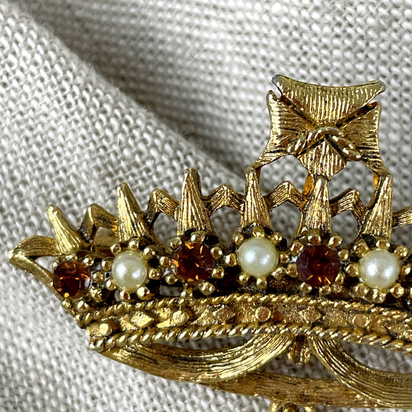 Vintage queen's crown brooch with medallion dangle - 1970s vintage - NextStage Vintage