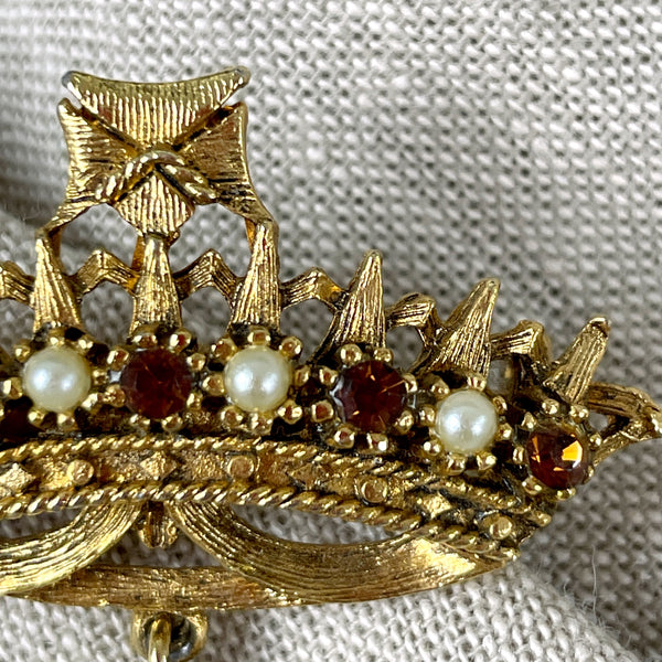 Vintage queen's crown brooch with medallion dangle - 1970s vintage - NextStage Vintage