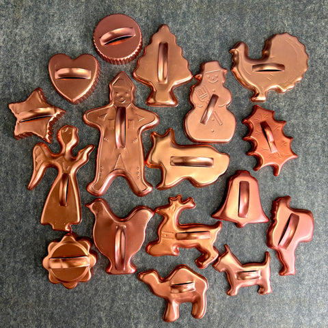 Vintage copper anodized aluminum cookie cutter set of 17 – holiday & animal shapes – 1950s-60s kitchen baking - NextStage Vintage
