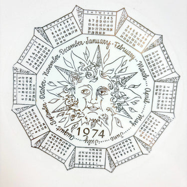 Vintage 1974 Calendar Plate with Metallic Gold Sun Face Design