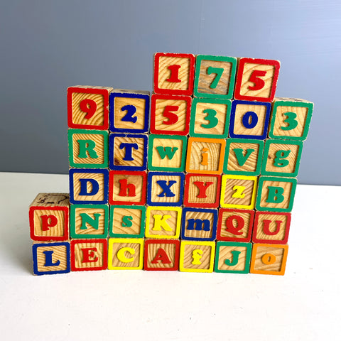 35 wooden alphabet and number blocks - 1970s vintage - NextStage Vintage