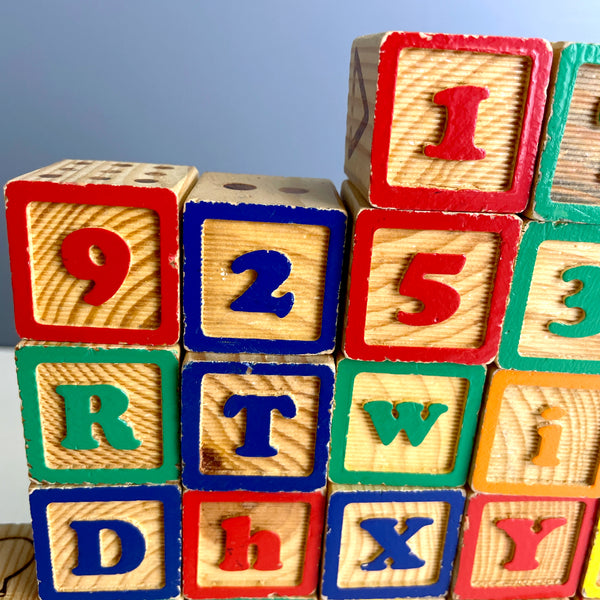 35 wooden alphabet and number blocks - 1970s vintage - NextStage Vintage