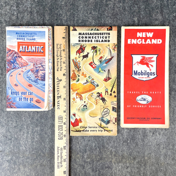 1950s gas station road maps - New England states - set of 3 - NextStage Vintage