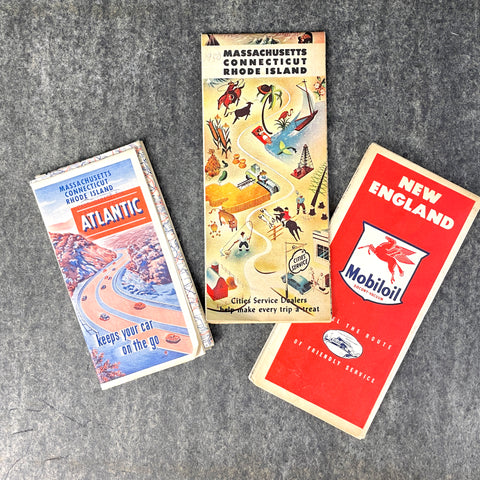 1950s gas station road maps - New England states - set of 3 - NextStage Vintage