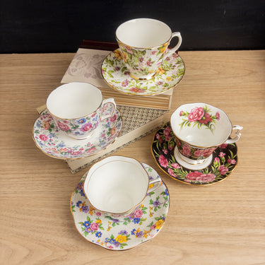 Mismatched Set of 4 Vintage English Bone China Teacups and Saucers Chintz Tea Party