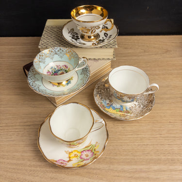 English Bone China Teacups and Saucers - Mismatched Set of 4 - Vintage 1950s-1060s - Gilt and Filigree