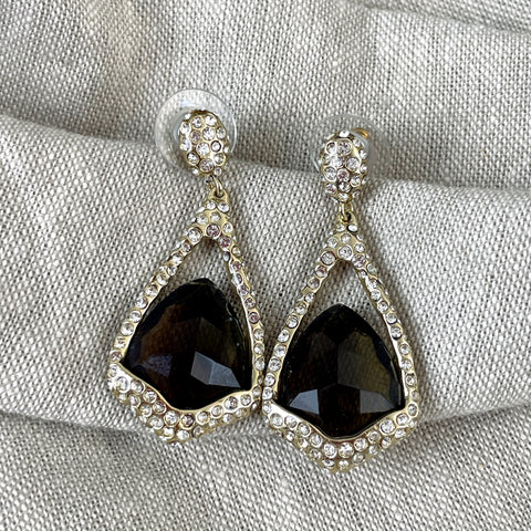 Alexis Bittar teardrop smoky quartz and crystal gold toned dangle earrings - post pierced