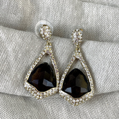 Alexis Bittar teardrop smoky quartz and crystal gold toned dangle earrings - post pierced - NextStage Vintage