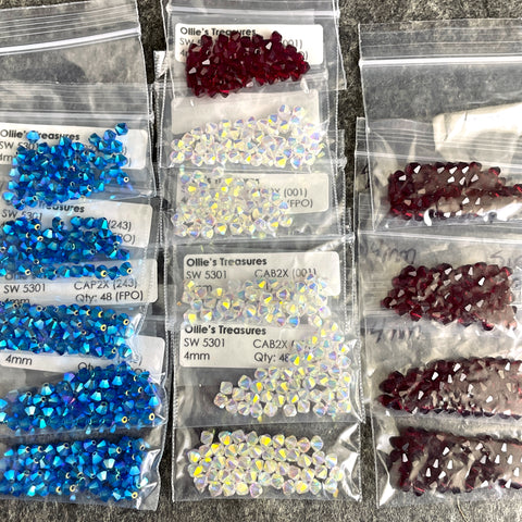 Swarovski 5301 4mm bicone crystal beads - 720 pcs - red, white and blue