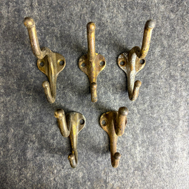5 Cast Metal Brass Plated Double Coat Hooks - Rustic Aged Patina - Vintage Hardware