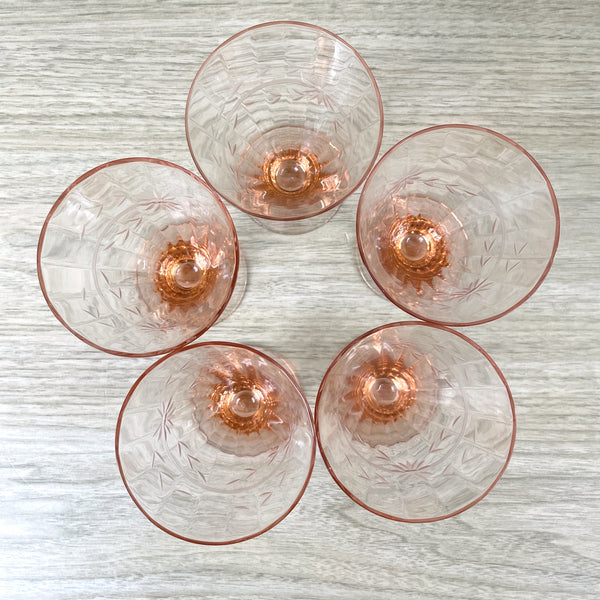 Pink cone tumblers with engraved floral design - set of 5 - vintage elegant glass - NextStage Vintage