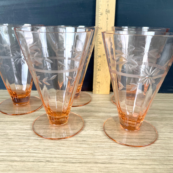 Pink cone tumblers with engraved floral design - set of 5 - vintage elegant glass - NextStage Vintage