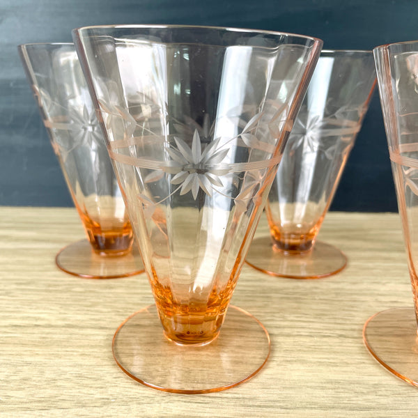 Pink cone tumblers with engraved floral design - set of 5 - vintage elegant glass - NextStage Vintage