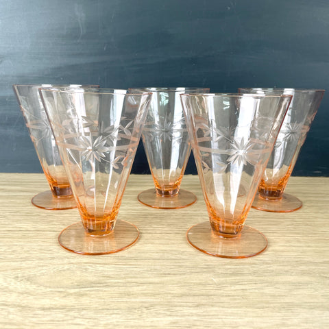 Pink cone tumblers with engraved floral design - set of 5 - vintage elegant glass - NextStage Vintage