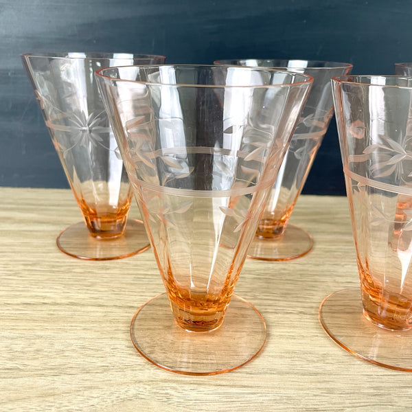 Pink cone tumblers with engraved floral design - set of 5 - vintage elegant glass - NextStage Vintage