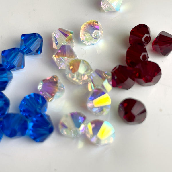 5mm bicone crystal beads Swarovski? - 288 pcs - red, white, blue - estate destash