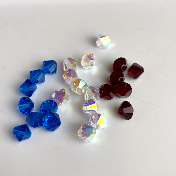 5mm bicone crystal beads Swarovski? - 288 pcs - red, white, blue - estate destash